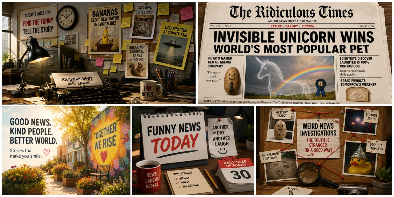 A daily funny-news editor layout with notes and compact story cards.